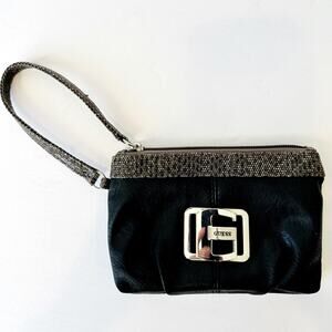 Guess wristlet faux black leather w/sparkly snake print trim